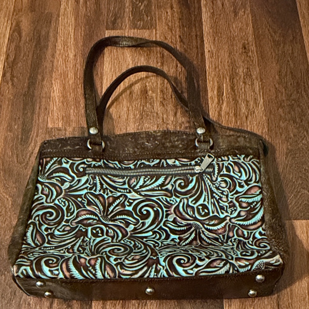 Patricia Nash Poppy tooled turquoise tote